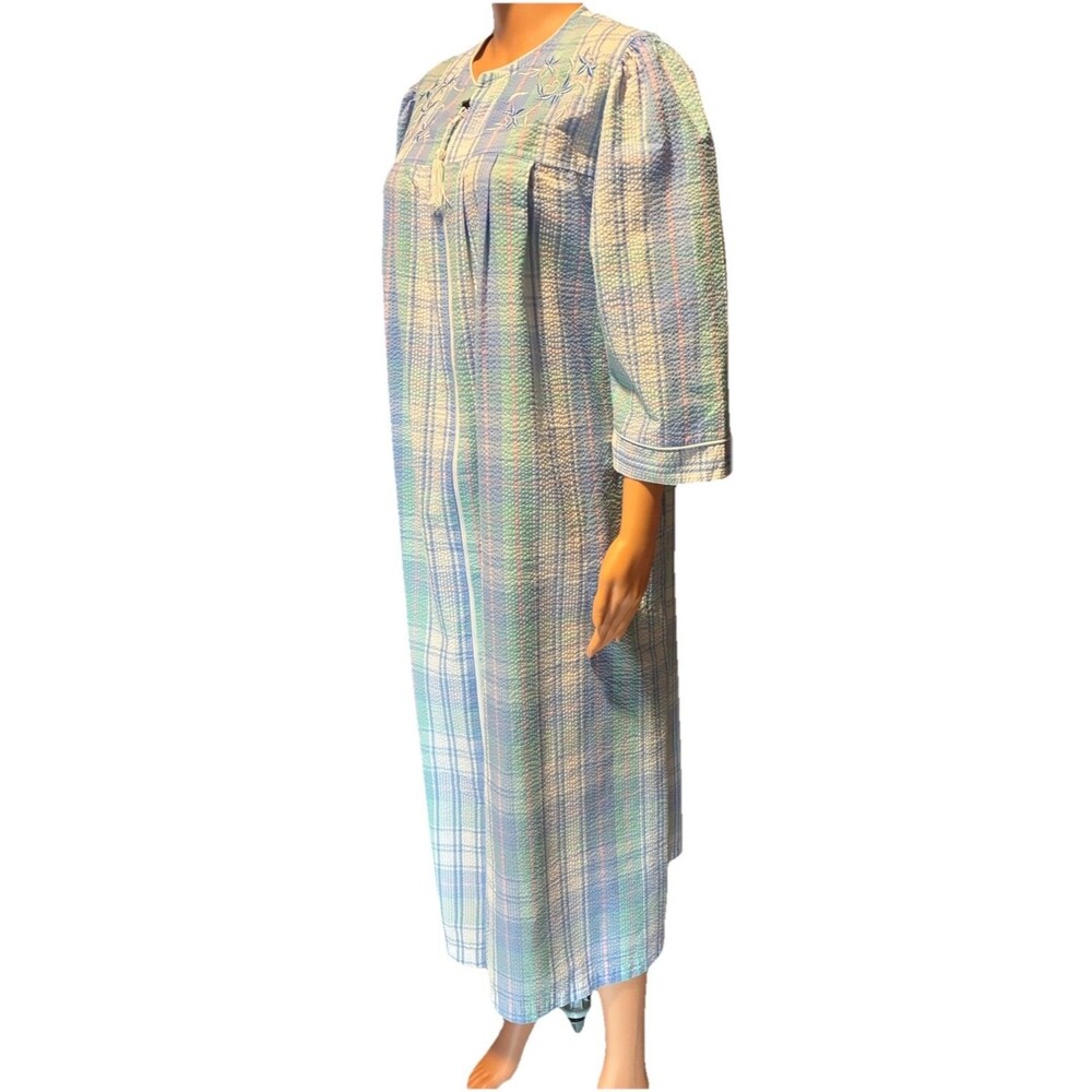 Miss Elaine Night Gown House Dress L Blue Plaid Seersucker Embroidered Zip